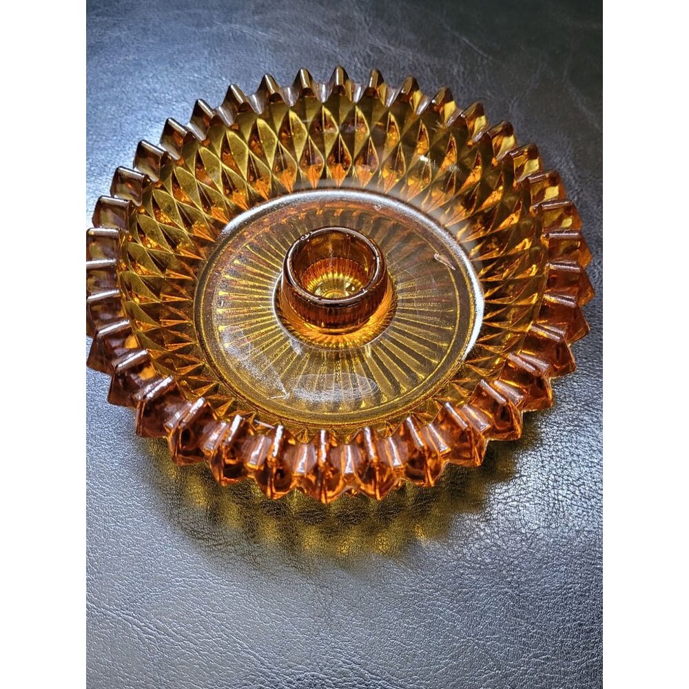 Vintage Indiana Glass Amber Diamond Point Candle Holder Ashtray‎